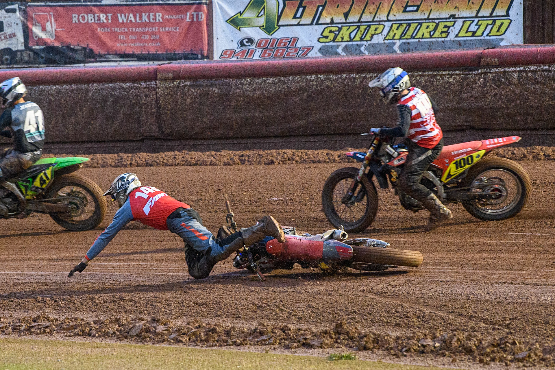 Vittorio Emanuele Marzotto (148) from Italy spins out and falls during the FIM World Flat Track Championship Round 1 at the National Speedway Stadium, Manchester on Saturday 5th August 2023. (Photo: Ian Charles | MI News)