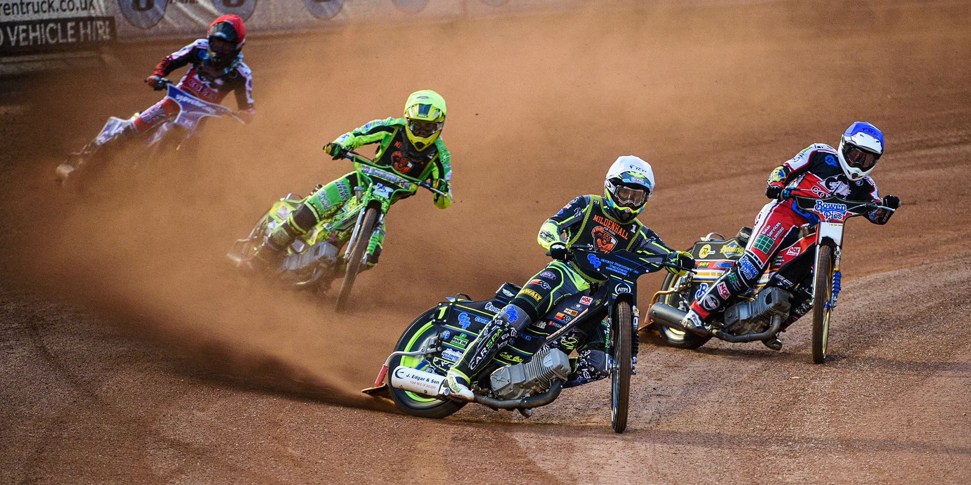 MANCHESTER, SEPT 3RD. Kyle Bickley  (White) leads Sam Bebee  (Yellow), Harry McGurk  (Red) and Paul Bowen (Blue) during the National Development League match between Belle Vue Aces and Mildenhall Fens Tigers at the National Speedway Stadium, Manchester on Friday 3rd September 2021. (Credit: Ian Charles | MI News)