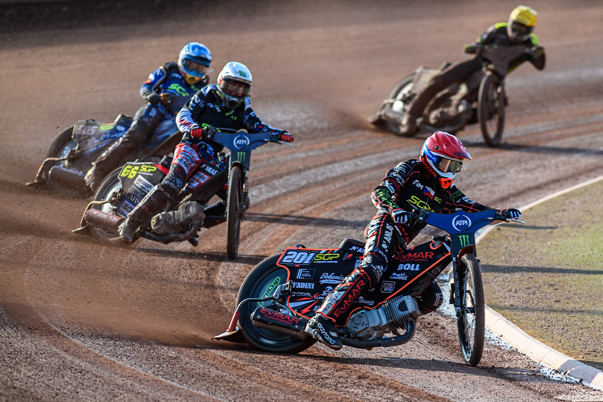 January Kvech (201) of Czech Republic in Red leading Fredrik Lindgren (66) of Sweden in White, Robert Lambert (505) of Great Britain in Blue and Martin Vaculik (54) of Slovakia in Yellow during the ATPI FIM Speedway Grand Prix Round 5 at the National Speedway Stadium, Manchester, on Saturday 14th June 2025. (Photo: Ian Charles | MI News)