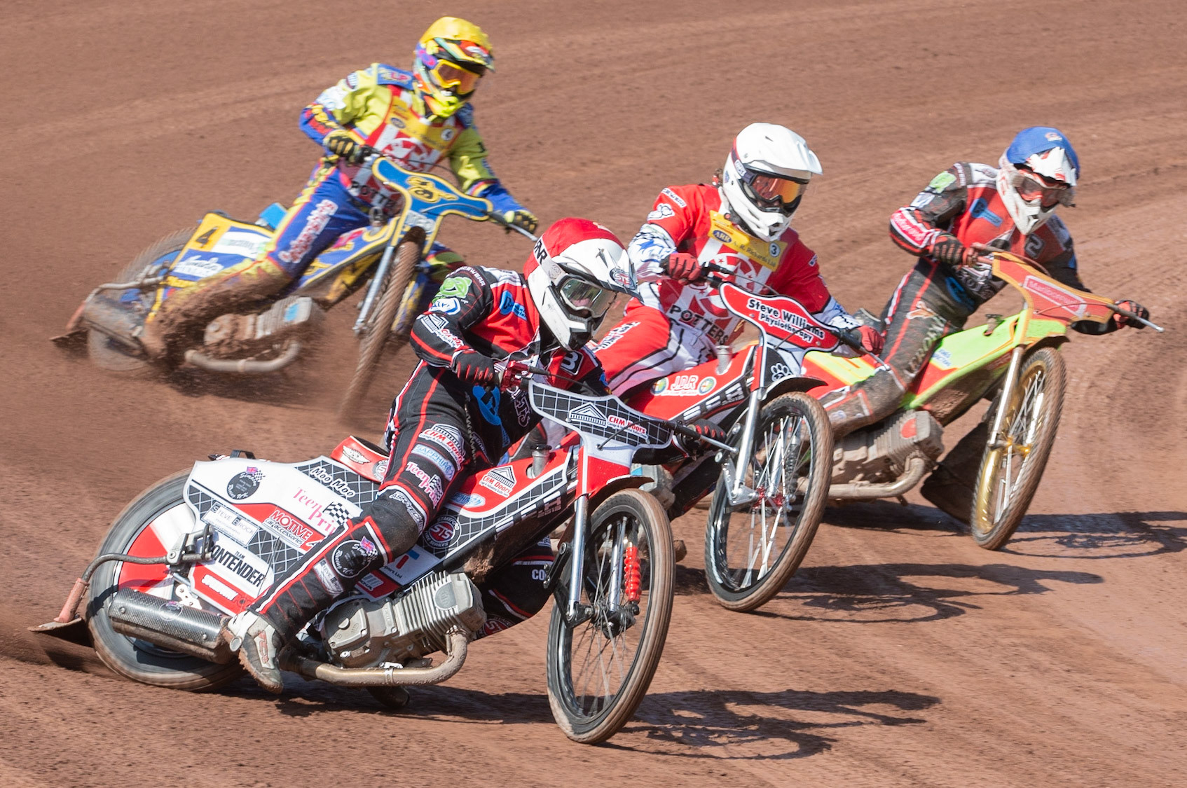 Photo: Ian Charles

Belle Vue Colts’ Danny Phillips (Red) and Ben Woodhull (Blue) on their way to maximum points against Stoke’s Luke Chessell (White) and Luke Priest (Yellow)

Belle Vue Colts v Stoke Potters, National League, Belle Vue National Speedway Stadium, Manchester, Friday 19  April  2019