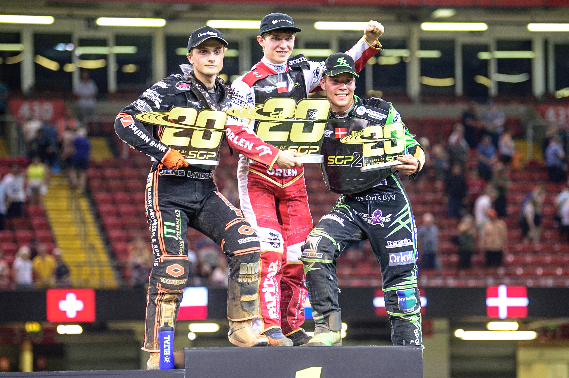 Top 3: (l - r) Kevin Juhl Pedersen (Denmark)   (2nd), Mateusz Cierniak (Poland)  (1st)Benjamin Basso (Denmark)  (3rd) during the FIM  Speedway Grand Prix  2 of Great Britain at the Principality Stadium, Cardiff on Sunday 14th August 2022. (Credit: Ian Charles | MI News)