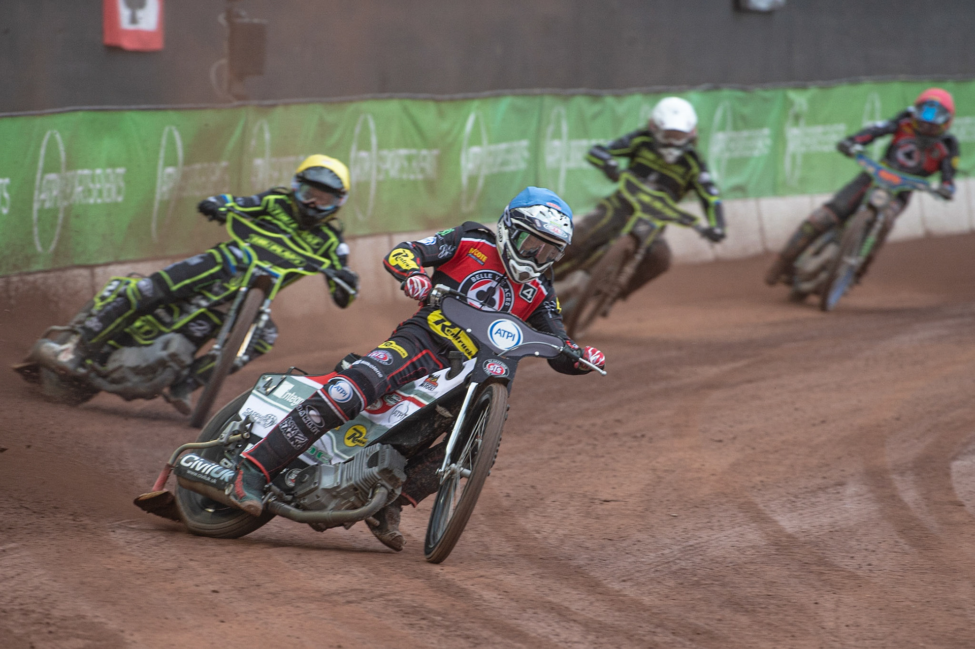 Photo: Ian Charles

Steve Worrall  (Blue) leads Danny King  (Yellow)  Richard Lawson (White) and Dan Bewley  (Red)

Belle Vue Aces v Ipswich Witches, British Speedway Premiership, Belle Vue National Speedway Stadium, Manchester, Monday 3  June  2019