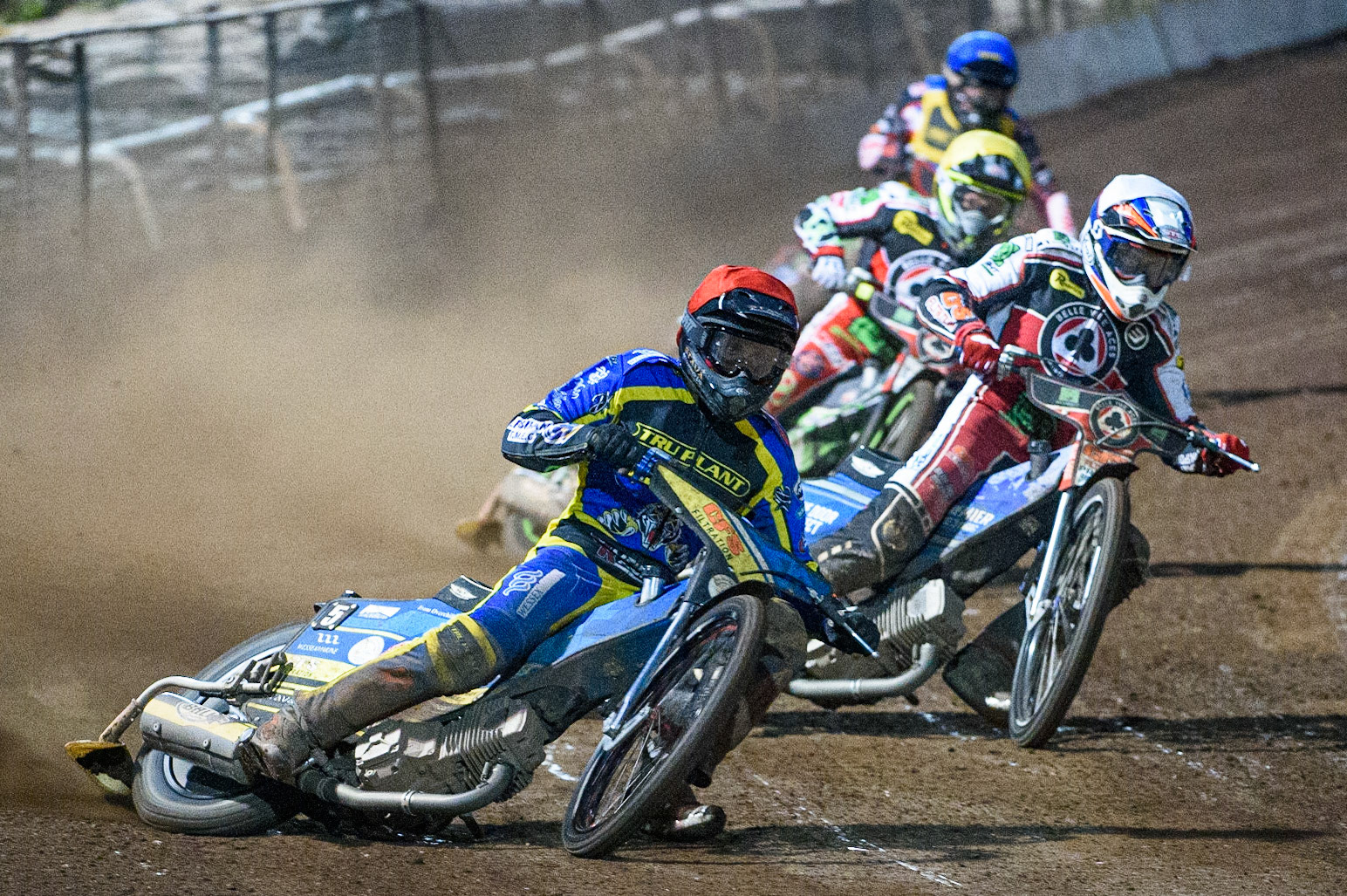 SHEFFIELD, UK. AUG 2NDAdam Ellis   (Red) leads Steve Worrall  (White) Charles Wright  (Yellow) and Nathan Greaves  (Blue) during the SGB Premiership match between Sheffield Tigers and Belle Vue Aces at Owlerton Stadium, Sheffield on Thursday 2nd September 2021. (Credit: Ian Charles | MI News)