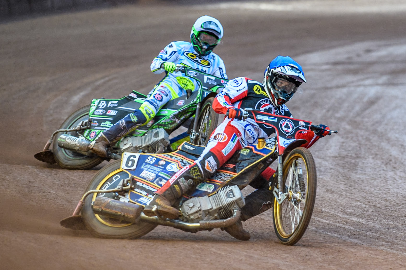 Belle Vue Aces' Connor Mountain in Blue leading Oxford Spires' Charles Wright in White during the Rowe Motor Oil Premiership match between Belle Vue Aces and Oxford Spires at the National Speedway Stadium, Manchester on Monday 13th May 2024. (Photo: Ian Charles | MI News)