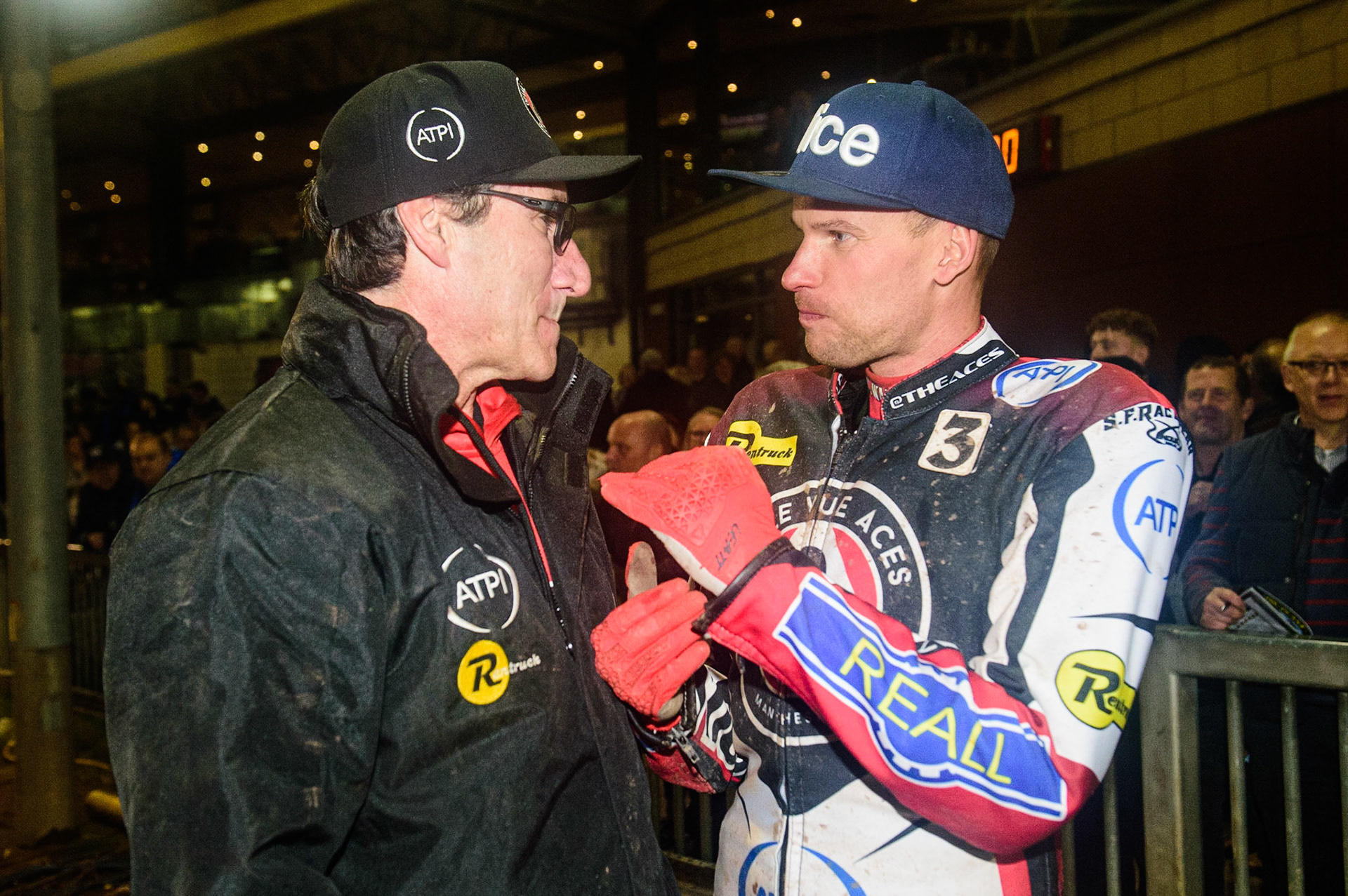 Mark Lemon  (left) with Matej Zagar  during the SGB Premiership Grand Final 2nd Leg between Sheffield Tigers and Belle Vue Aces at Owlerton Stadium, Sheffield on Thursday 13th October 2022. (Credit: Ian Charles | MI News)