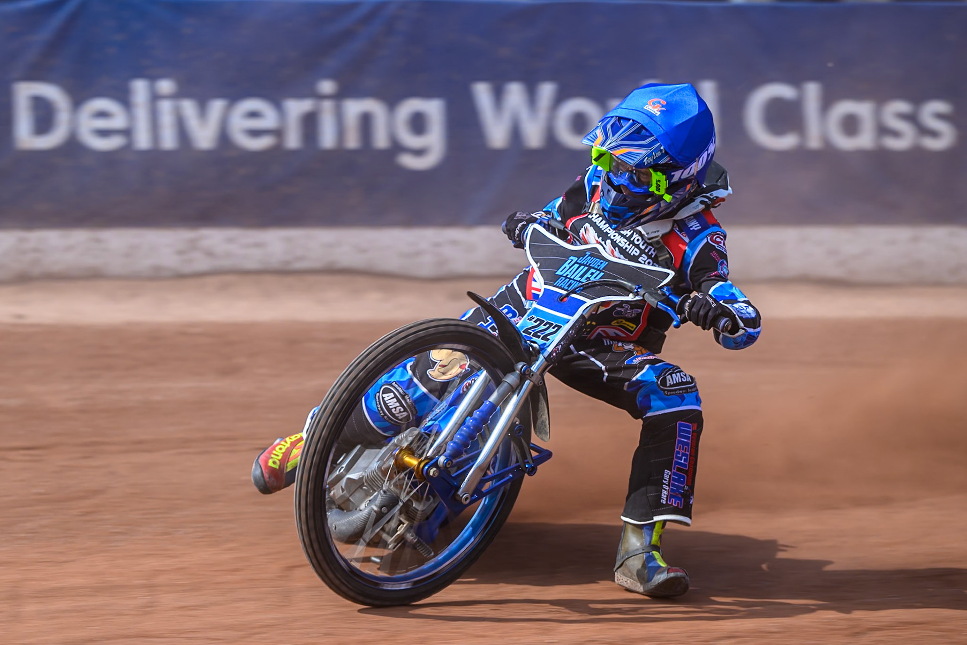 Jayden Bailey (222) in action during the British Youth Speedway Championship at the National Speedway Stadium, Manchester on Sunday 10th August 2025. (Photo: Ian Charles | MI News)