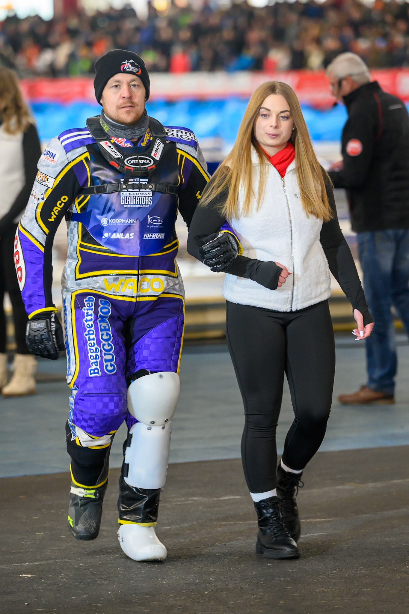 Reserve Christoph Kirchner of Germany is accompanied by a start girl  during the Ice Speedway Gladiators World Championship Final 2 at Max-Aicher-Arena, Inzell on Sunday 15th March 2026. (Photo: Ian Charles | MI News)