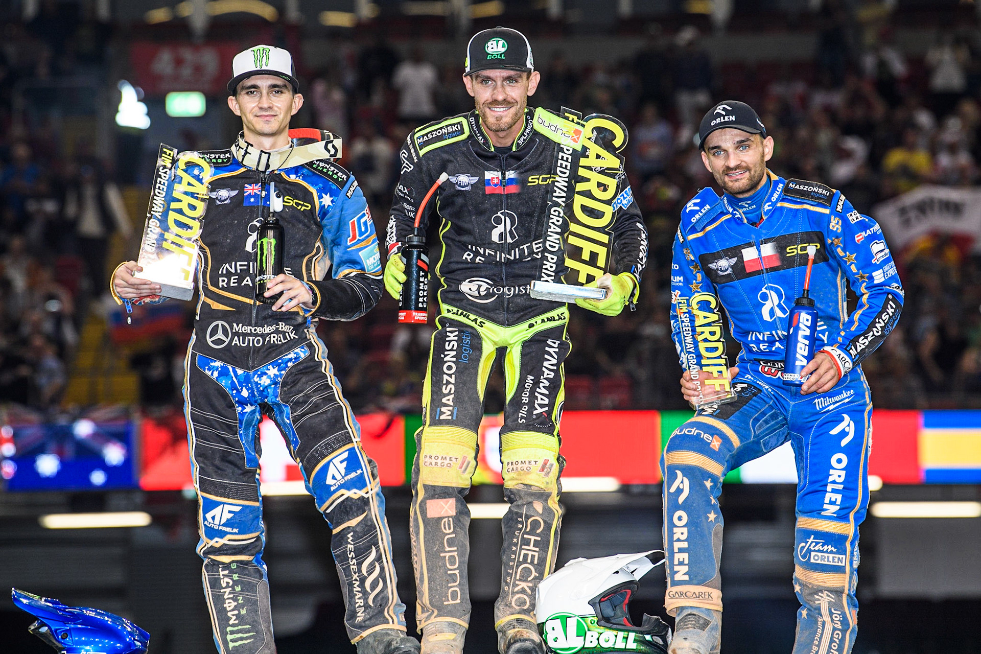 Cardiff Top 3: (L to R) Jack Holder (2nd), Martin Vaculik (Winner) Bartosz Zmarzlik (3rd) during the FIM Speedway Grand Prix of Great Britain at the Principality Stadium, Cardiff on Saturday 2nd September 2023. (Photo: Ian Charles | MI News)