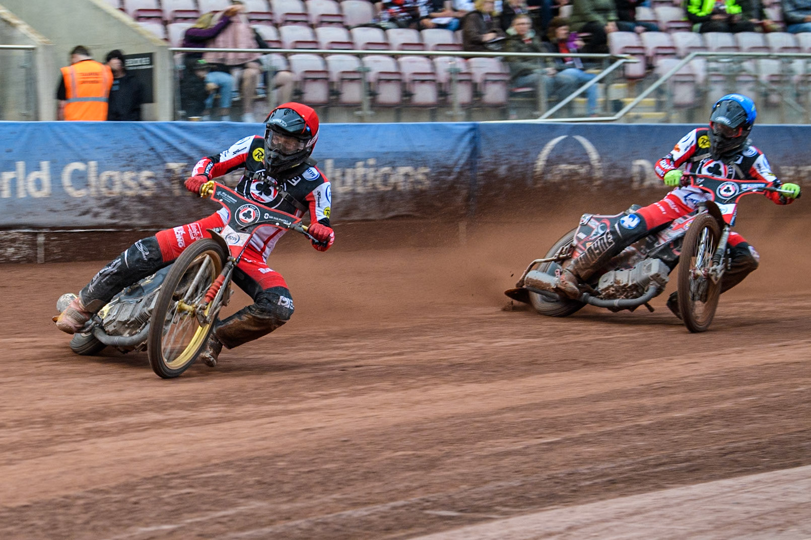 Belle Vue Aces' Norick Blodorn  in Red leading team mate Belle Vue Aces' Connor Bailey  in Blue during the Rowe Motor Oil Premiership match between Belle Vue Aces and Ipswich Witches at the National Speedway Stadium, Manchester on Monday 1st July 2024. (Photo: Ian Charles | MI News)