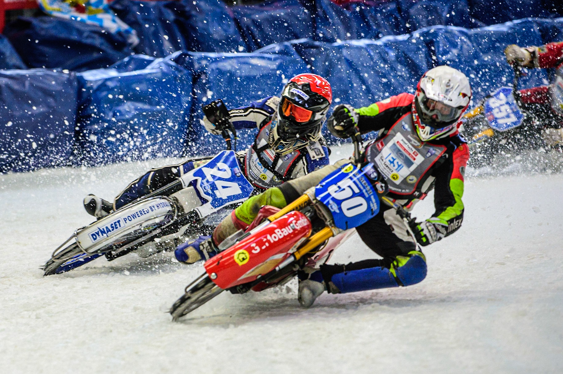 Harald Simon (50) (White) leads Max Koivula (24) (Red) during the Ice Speedway Gladiators World Championship Final 2 at Max-Aicher-Arena, Inzell, Germany on Sunday 19th March 2023. (Photo: Ian Charles | MI News)