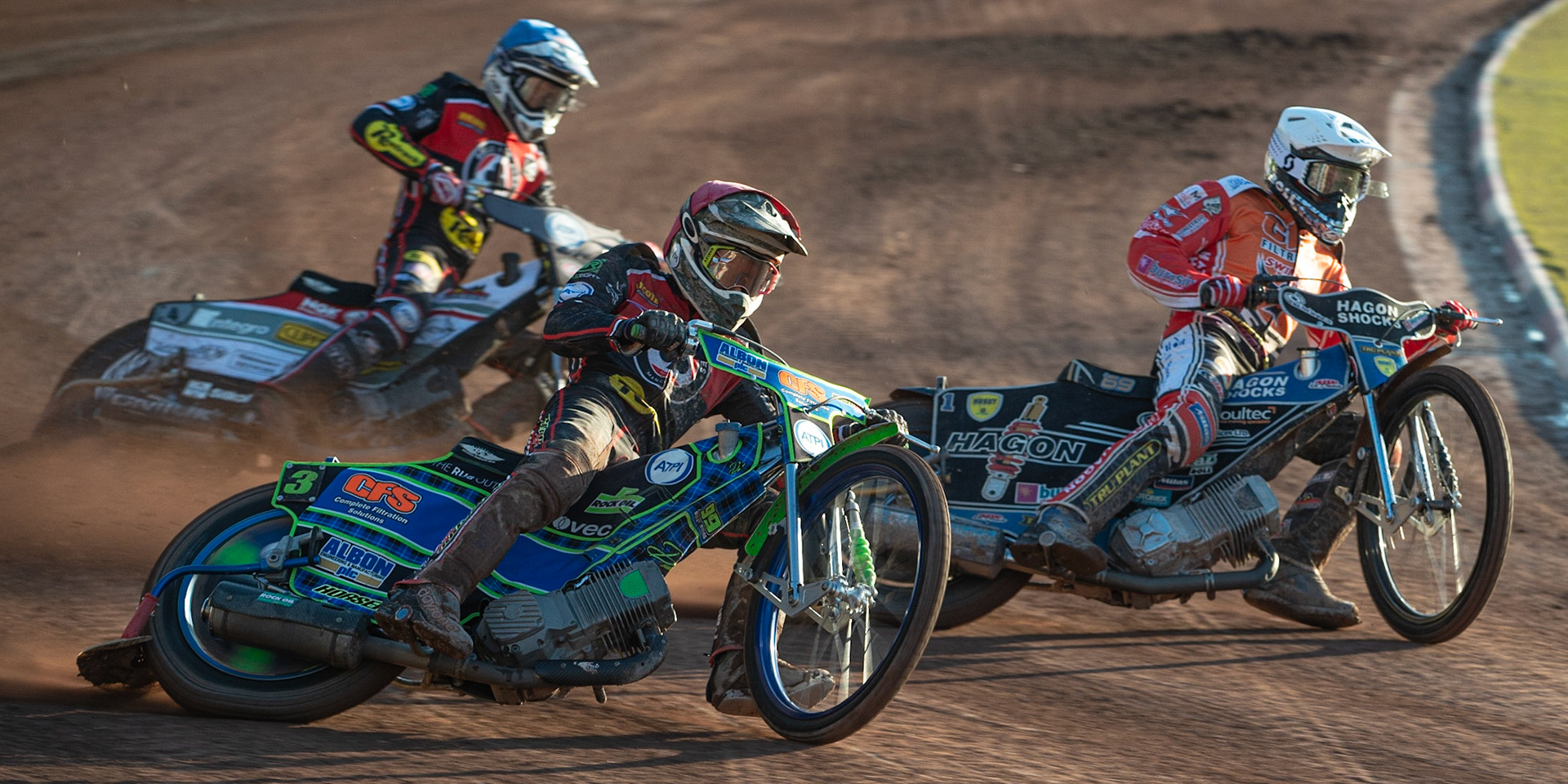Photo: Ian Charles

Dan Bewley  (Red) outside Jason Doyle  (White) with Steve Worrall  (Blue) behind

Belle Vue Aces v Swindon Robins, British Speedway Premiership, Belle Vue National Speedway Stadium, Manchester, Monday 20  May  2019