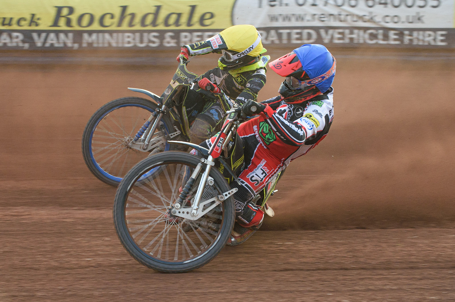 MANCHESTER, UK. JUNE 7TH   Belle Vue Bikeright Aces  Jye Etheridge (Blue) battles with Ipswich TruPlant Witches  Anders Rowe  (Yellow) during the SGB Premiership match between Belle Vue Aces and Ipswich Witches at the National Speedway Stadium, Manchester on Monday 7th June 2021. (Credit: Ian Charles | MI News)