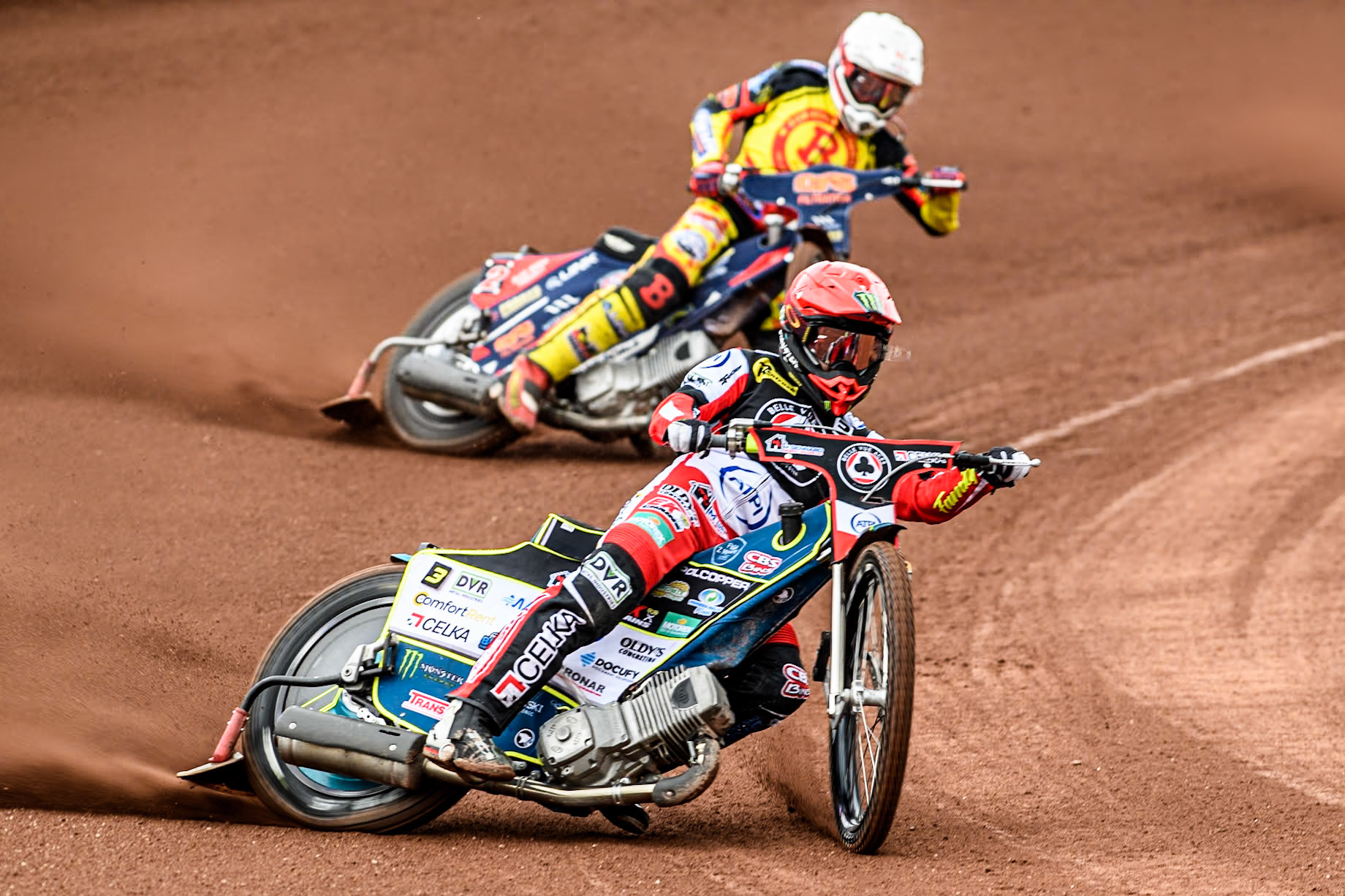 Belle Vue Aces' Jaimon Lidsey  in Red leading bb2\ in White during the Rowe Motor Oil Premiership match between Belle Vue Aces and Birmingham Brummies at the National Speedway Stadium, Manchester on Monday 6th May 2024. (Photo: Ian Charles | MI News)