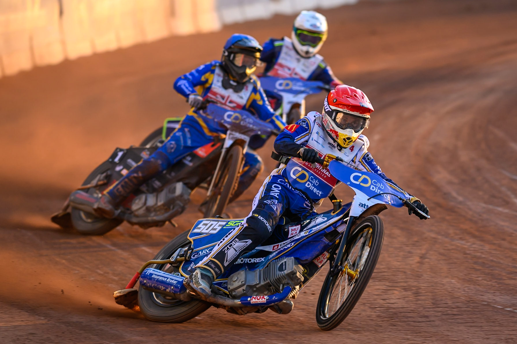 Robert Lambert (4) in Red leading Dan Thompson (8) in Blue  and Jake Mulford (12) in White  during the Cab Direct British Speedway Championship Final at the National Speedway Stadium, Manchester on Saturday 15th August 2026. (Photo: Ian Charles | MI News)