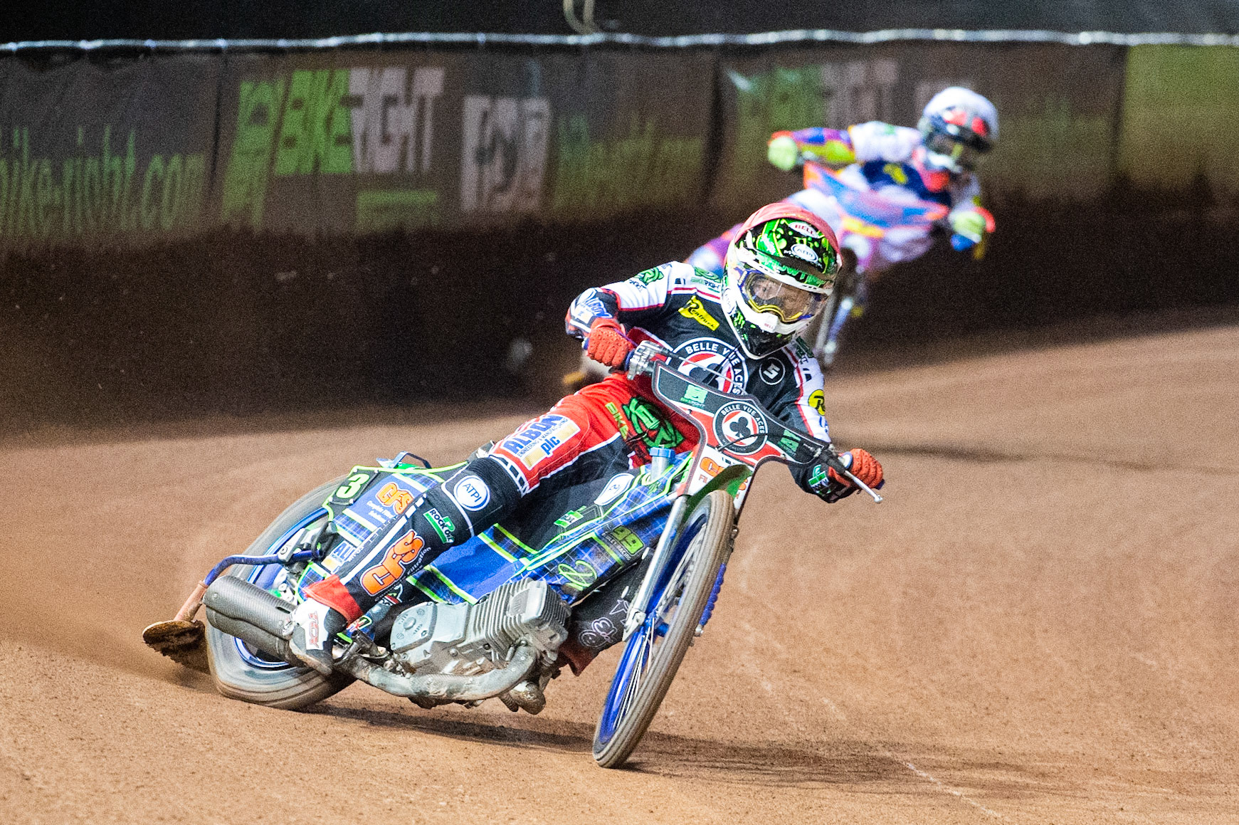 Photo: Ian CharlesDan Bewley of Belle Vue 'BikeRight' Aces  (Red) leads Rory Schlein of the 'ATPI' All Stars (White)Belle Vue ‘Bikerite ’Aces v ‘ATPI’ All Stars, Premiership Challenge, National Speedway Stadium, Manchester Thursday  24  September  2020