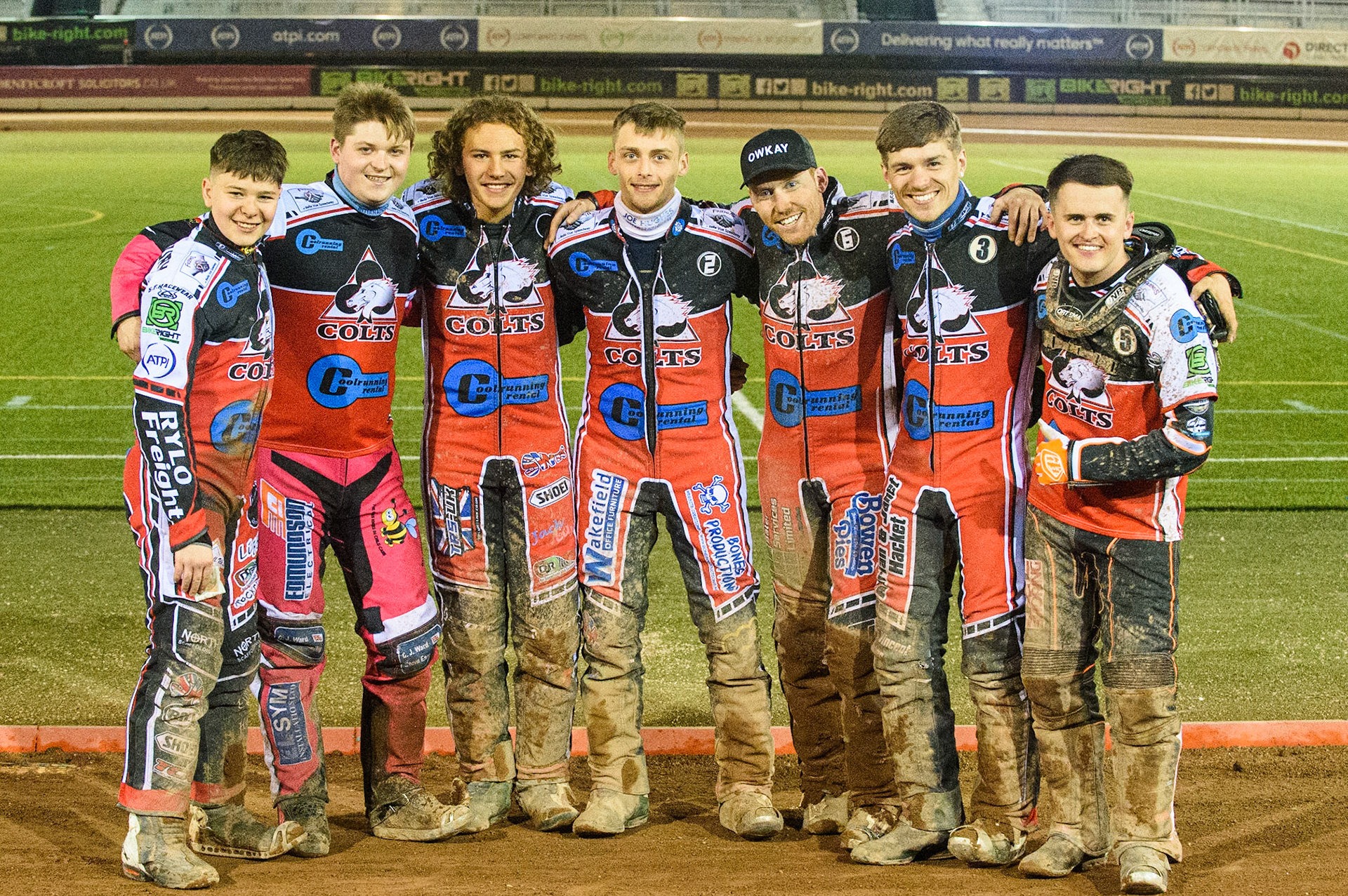 MANCHESTER, SEPT 3RD. The Belle Vue Colts after their final home meeting of the season (l-r) Sam McGurk, Sam Woolley, Harry McGurk, Jack Parkinson-Blackburn, Paul Bowen, Connor Coles, and Jack Smith during the National Development League match between Belle Vue Aces and Mildenhall Fens Tigers at the National Speedway Stadium, Manchester on Friday 3rd September 2021. (Credit: Ian Charles | MI News)