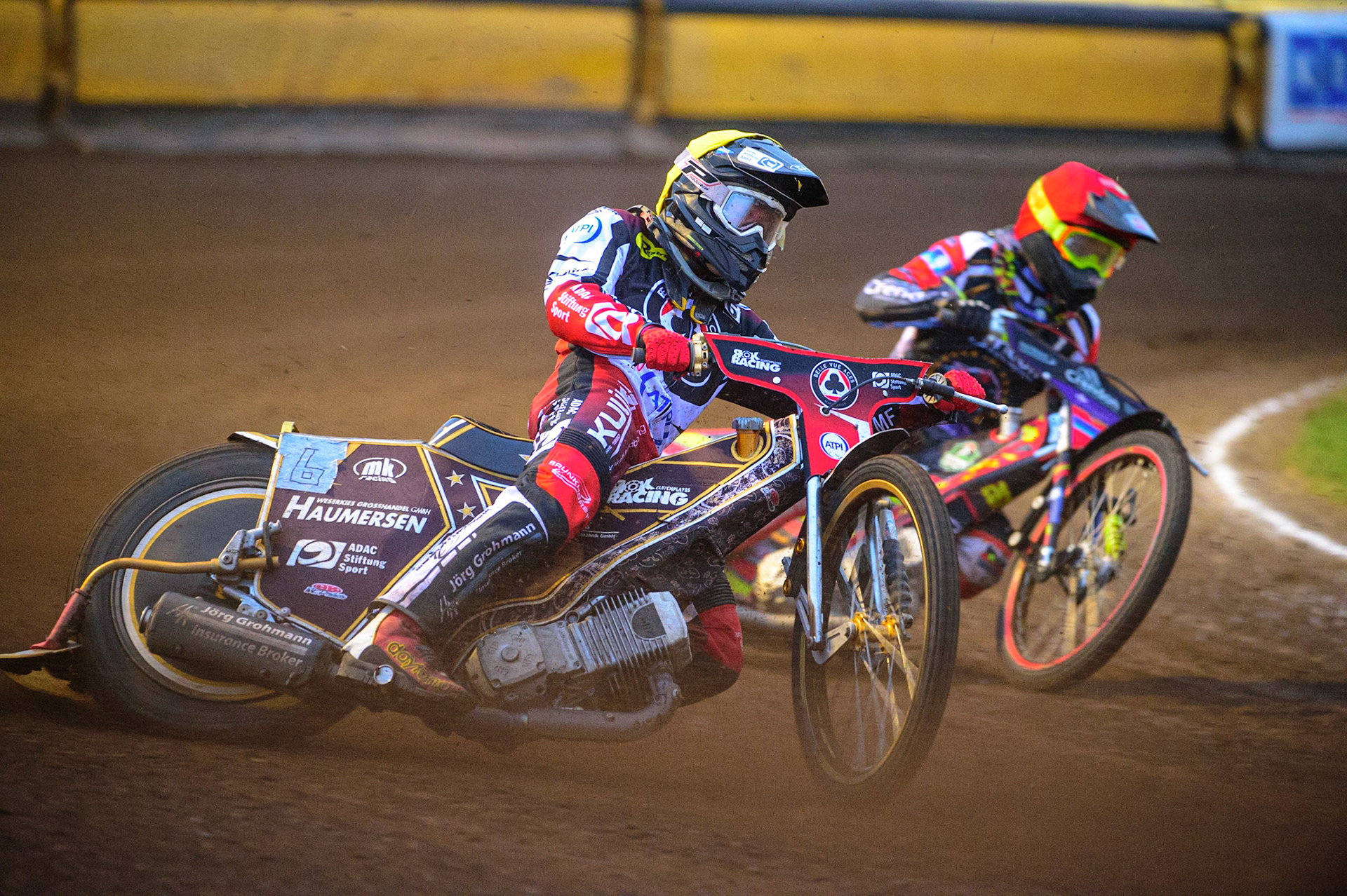 PETERBOROUGH, UK. MAY 9TH  Norick Blödorn  (Yellow) outside Michael Palm Toft  (Red) during the SGB Premiership match between Peterborough Panthers and Belle Vue Aces at East of England Showground, Peterborough on Monday 9th May 2022. (Credit: Ian Charles | MI News)