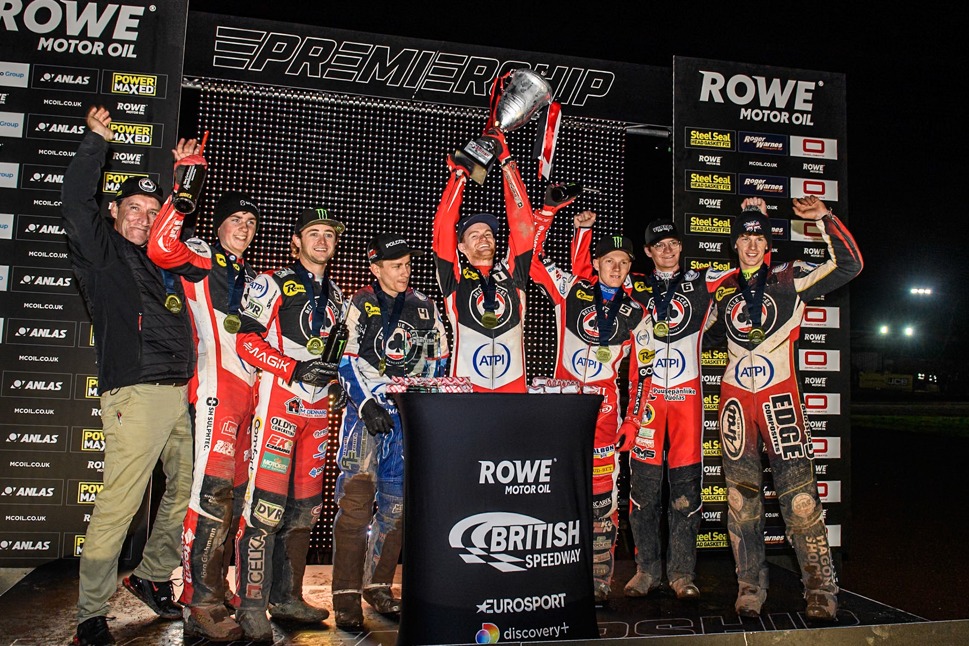 Belle Vue ATPI Aces lift the premiership trophy during the Rowe Motor Oil Premiership Grand Final 2nd Leg between Leicester Lions and Belle Vue Aces at the Pidcock Motorcycles Arena, Leicester on Thursday 26th September 2024. (Photo: Ian Charles | MI News)
