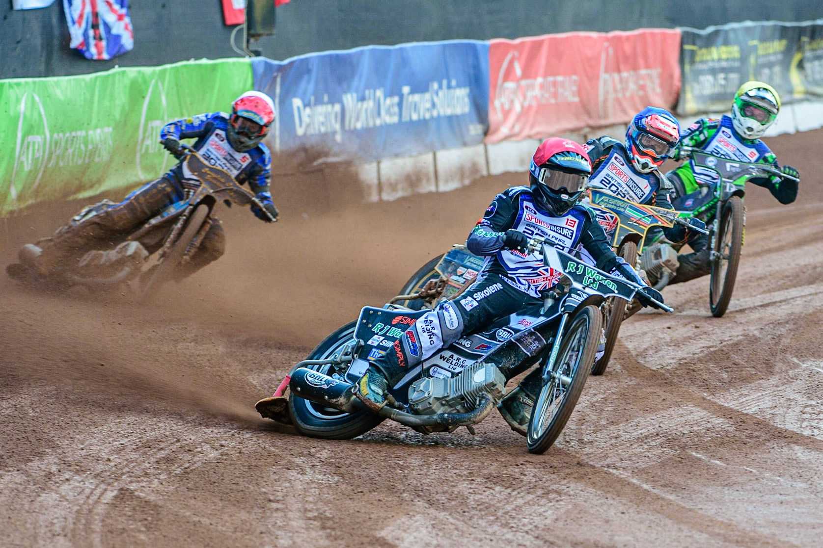 Danny King  (Red) leads Connor Mountain  (Blue) and Charles Wright  (Yellow) and Kyle Howarth (White) during the Sports Insure British Speedway Final, at the National Speedway Stadium, Manchester, on Sunday 18th September 2022. (Credit: Ian Charles | MI News )