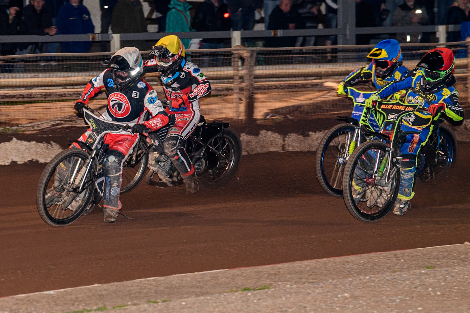 Belle Vue Colts' Matt Marson  in White leading Belle Vue Colts' Harry McGurk  in Yellow, Sheffield Tiger Cubs' Luke Harrison  in Red and Sheffield Tiger Cubs' Jamie Etherington in Blue during the WSRA National Development League match between Sheffield Tiger Cubs and Belle Vue Colts at Owlerton Stadium, Sheffield on Thursday 12th September 2024. (Photo: Ian Charles | MI News)