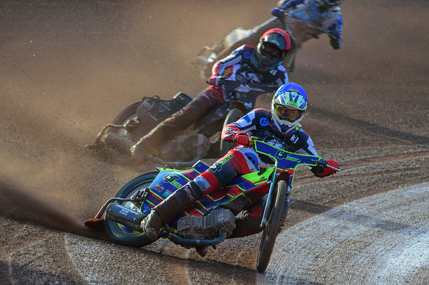 MANCHESTER, UK. MAY 27TH  Nathan Ablitt  (Blue) leads Harry McGurk  (Red) and Danny Phillips   (White) during the National Development League match between Belle Vue Colts and Armadale Devils at the National Speedway Stadium, Manchester on Friday 27th May 2022. (Credit: Ian Charles | MI News)