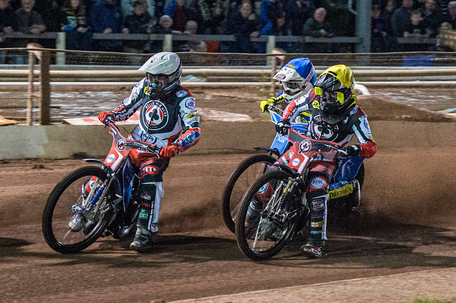 Matej Zagar (White) and Tom Brennan  (Yellow) lead Lewis Kerr  (Blue)during the SGB Premiership match between Sheffield Tigers and Belle Vue Aces at Owlerton Stadium, Sheffield on Thursday 22nd September 2022. (Credit: Ian Charles | MI News)