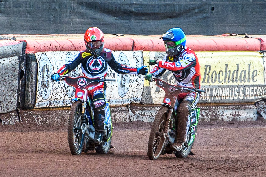 Jaimon Lidsey (Red) and Charles Wright (Blue) celebrate their heat win during the Sports Insure Premiership Knock Out Cup Quarter Final 2nd Leg between Belle Vue Aces and Wolverhampton Wolves at the National Speedway Stadium, Manchester on Thursday 18th May 2023. (Photo: Ian Charles | MI News)