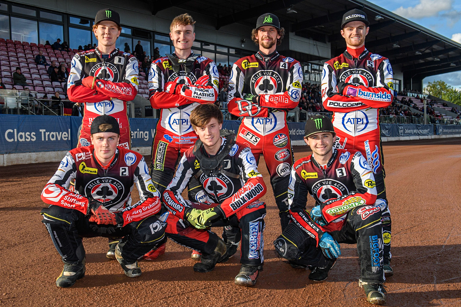 Belle Vue ATPI Aces Team: Back Row (l - r) Dan Bewley, Tom Brennan, Charles Wright, Brady Kurtz. Kneeling: (l - r) Norick Blodorn, Connor Bailey, Jaimon Lidsey during the Sports Insure Premiership match between Belle Vue Aces and Ipswich Witches at the National Speedway Stadium, Manchester on Monday 17th July 2023. (Photo: Ian Charles | MI News)