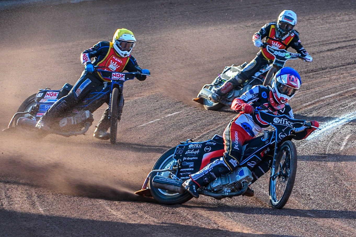 Freddy Hodder (Blue) leads Tom Woolley (Yellow) and Connor King (White) during the National Development League match between Belle Vue Colts and Kent Royals at the National Speedway Stadium, Manchester on Friday 7th July 2023. (Photo: Ian Charles | MI News)
