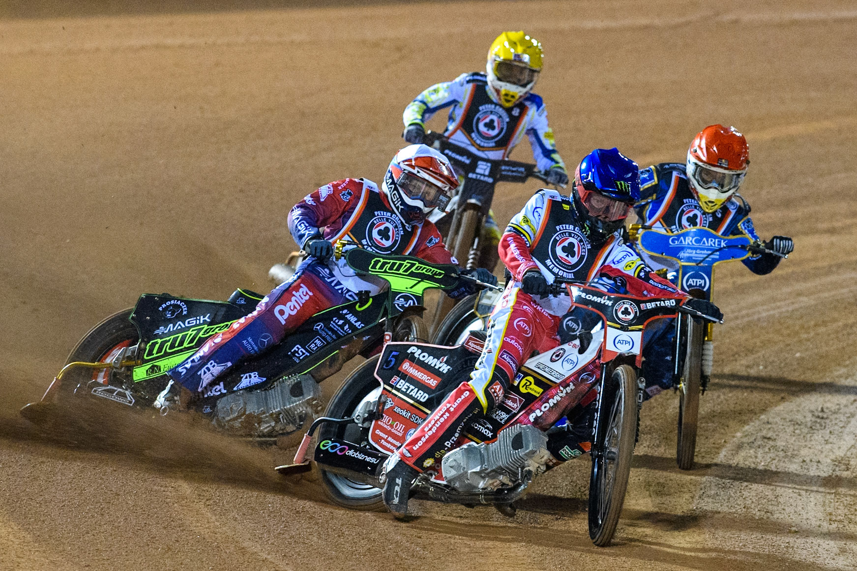 Dan Bewley in Blue leading Emil Sayfutdinov in White, Robert Lambert in Red and  Maciej Janowski in Yellow during the Peter Craven Memorial Trophy at the National Speedway Stadium, Manchester on Monday 17th March 2025. (Photo: Ian Charles | MI News)