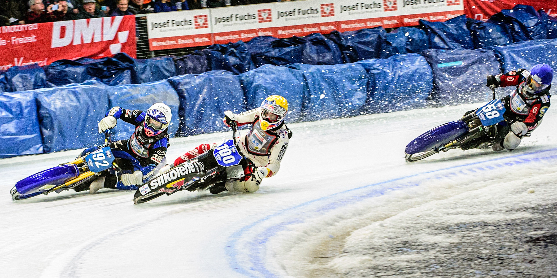 Franz Zorn (100) (Yellow) inside Niclas Svensson (192) (White) with Stefan Svensson (58) (Blue) behind during the Ice Speedway Gladiators World Championship Final 1 at Max-Aicher-Arena, Inzell, Germany on Saturday 18th March 2023. (Photo: Ian Charles | MI News)