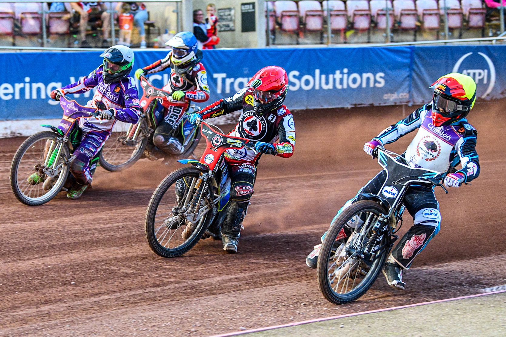 Vadim Tarasenko (Yellow) inside Jaimon Lidsey (Red), Benjamin Basso (White) and Jake Mulford (Blue) during the Sports Insure Premiership match between Belle Vue Aces and Peterborough at the National Speedway Stadium, Manchester on Monday 19th June 2023. (Photo: Ian Charles | MI News)