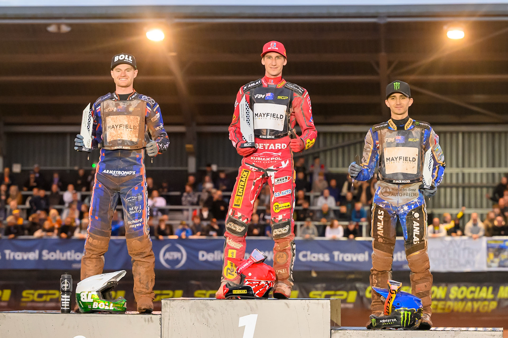 Top3: (L to R) Brady Kurtz (2nd), Max Fricke (Winner), Jack Holder (3rd)   during the ATPI  FIM Speedway GP of Manchester at the National Speedway Stadium, Manchester on Friday 5th June 2026. (Photo: Ian Charles | MI News)
