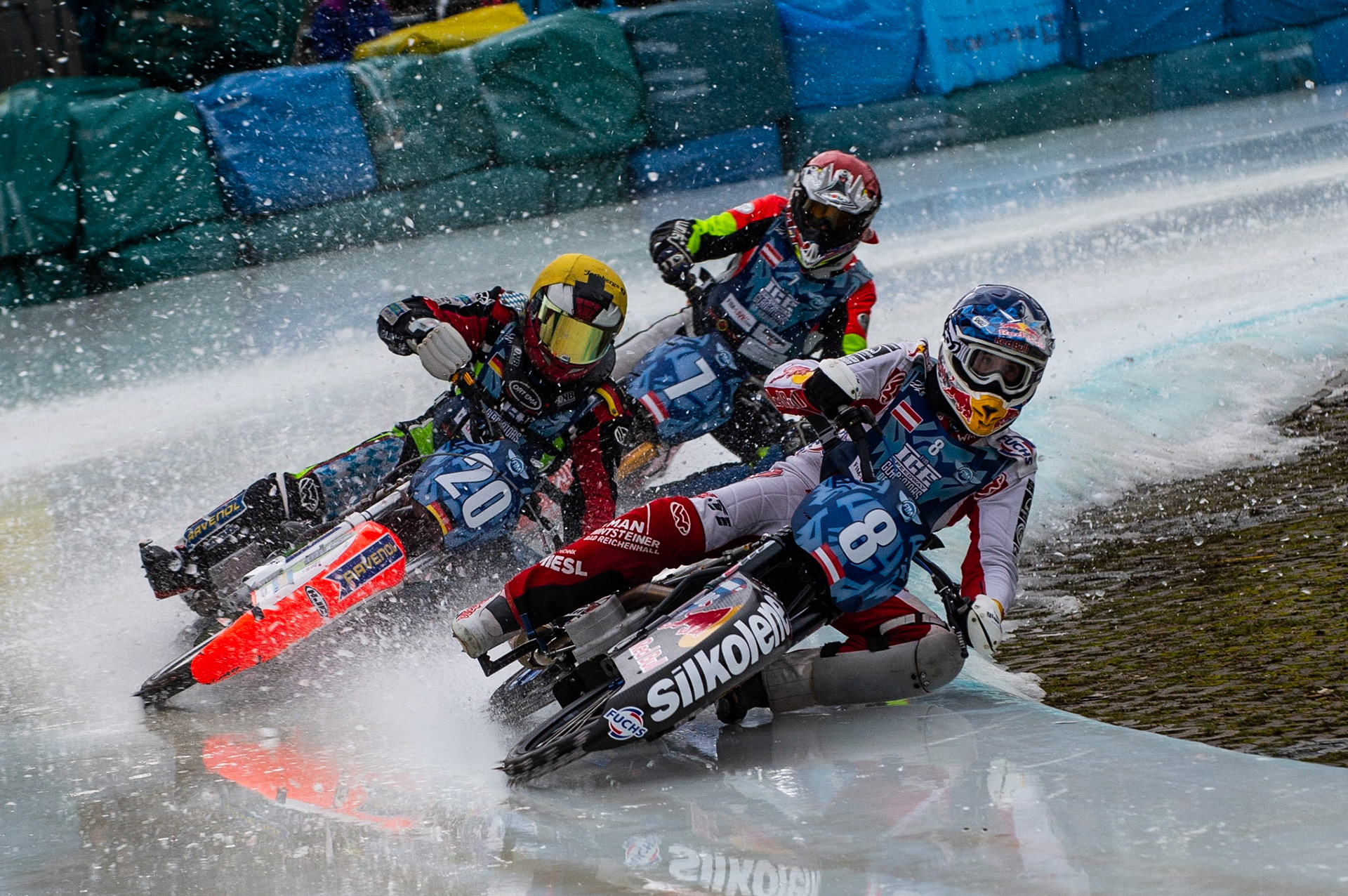 BERLIN GERMANY  - March 1  Franky Zorn (Blue) leads Johan Weber (Yellow) and Harald Simon (Red)  during the Ice Speedway of Nations at the Horst-Dohm-Eisstadion, Berlin,  on Sunday 1 March 2020. (Credit: Ian Charles | MI News)