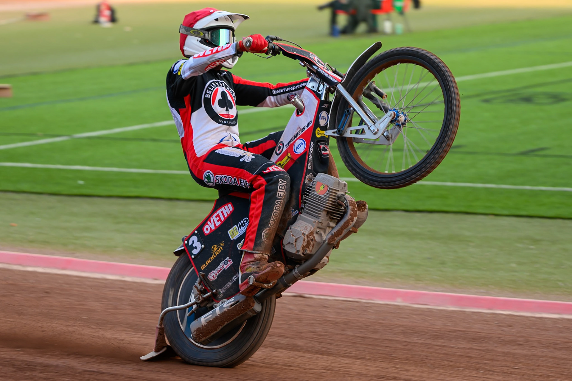 Peter Kildemand of Belle Vue Aces does a wheelie during the Rowe Motor Oil Premiership match between Belle Vue Aces and Ipswich Witches at the National Speedway Stadium, Manchester on Saturday 20th June 2026. (Photo: Ian Charles | MI News)