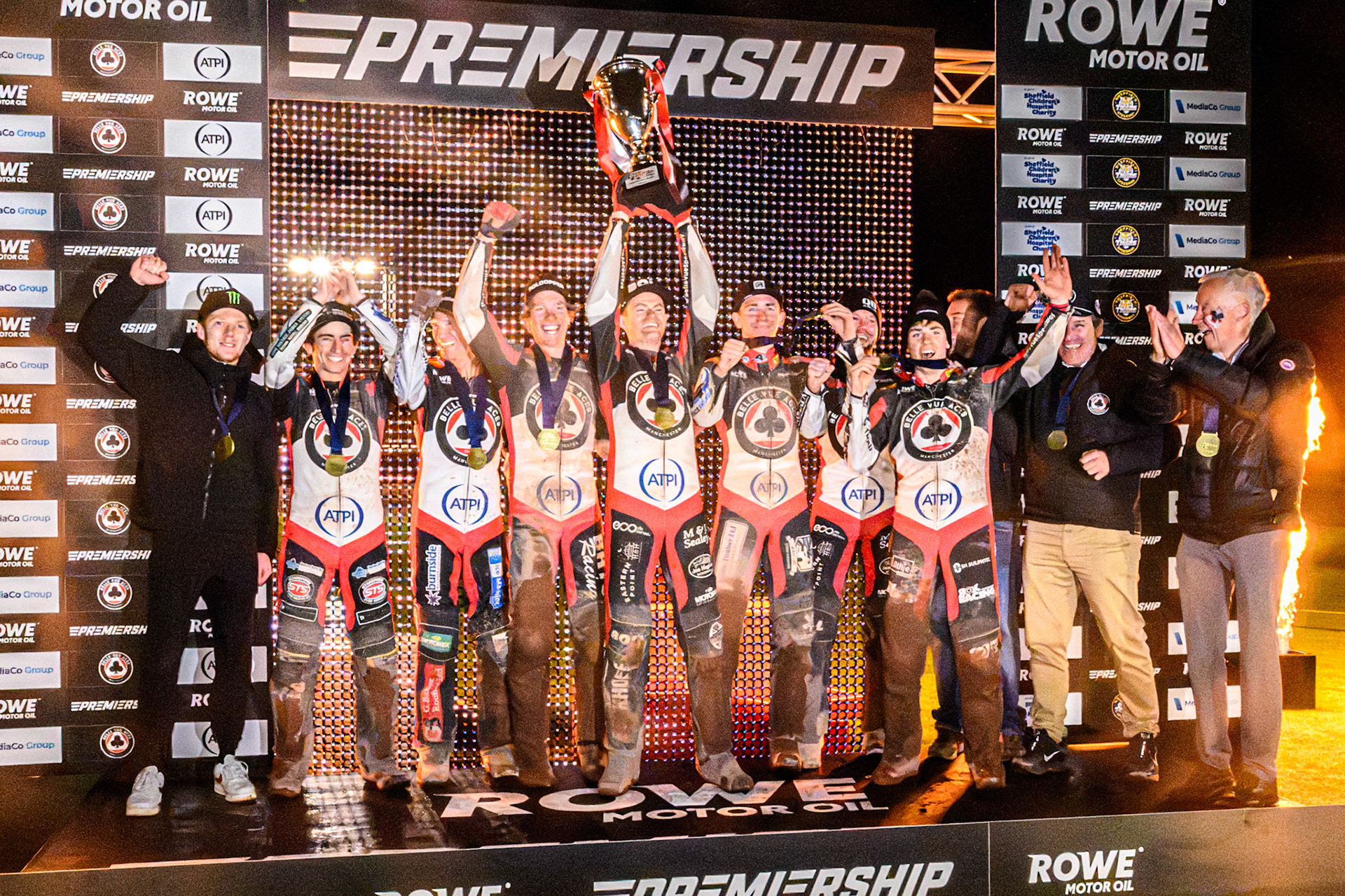 Belle Vue ATPI Aces celebrate their third title in five years during the Rowe Motor Oil Premiership Grand Final 2nd Leg between Belle Vue Aces and Sheffield Tigers at the National Speedway Stadium, Manchester on Friday 16th October 2026. (Photo: Ian Charles | MI News)
