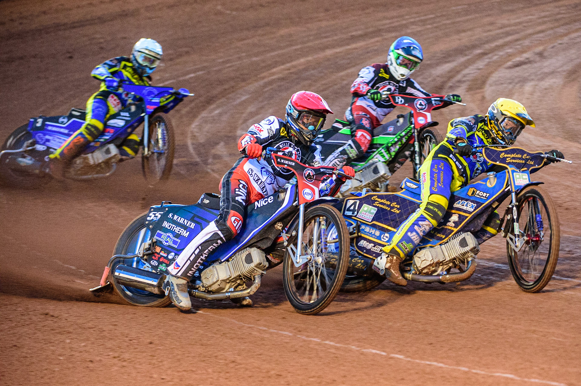 Kyle Howarth  (Yellow) inside Matej Zagar  (Red) with Charles Wright  (Blue) and Adam Ellis  (White) behind during the SGB Premiership match between Belle Vue Aces and Sheffield Tigers at the National Speedway Stadium, Manchester on Monday 5th September 2022. (Credit: Ian Charles | MI News)