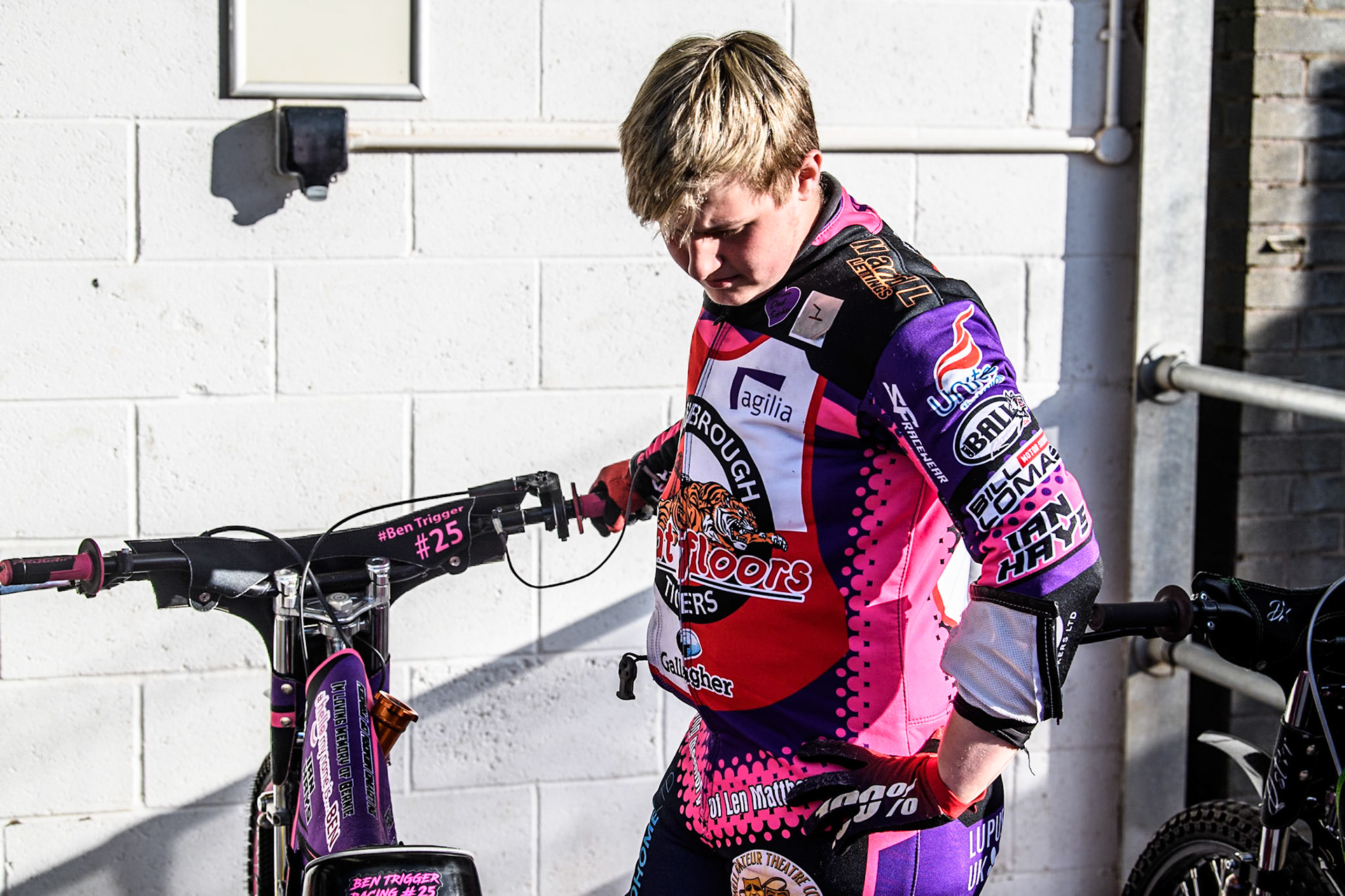 Middlesbrough Tigers' Ben Trigger warms up his bike during the WSRA National Development League match between Belle Vue Colts and Middlesbrough Tigers at the National Speedway Stadium, Manchester on Monday 17th June 2024. (Photo: Ian Charles | MI News)