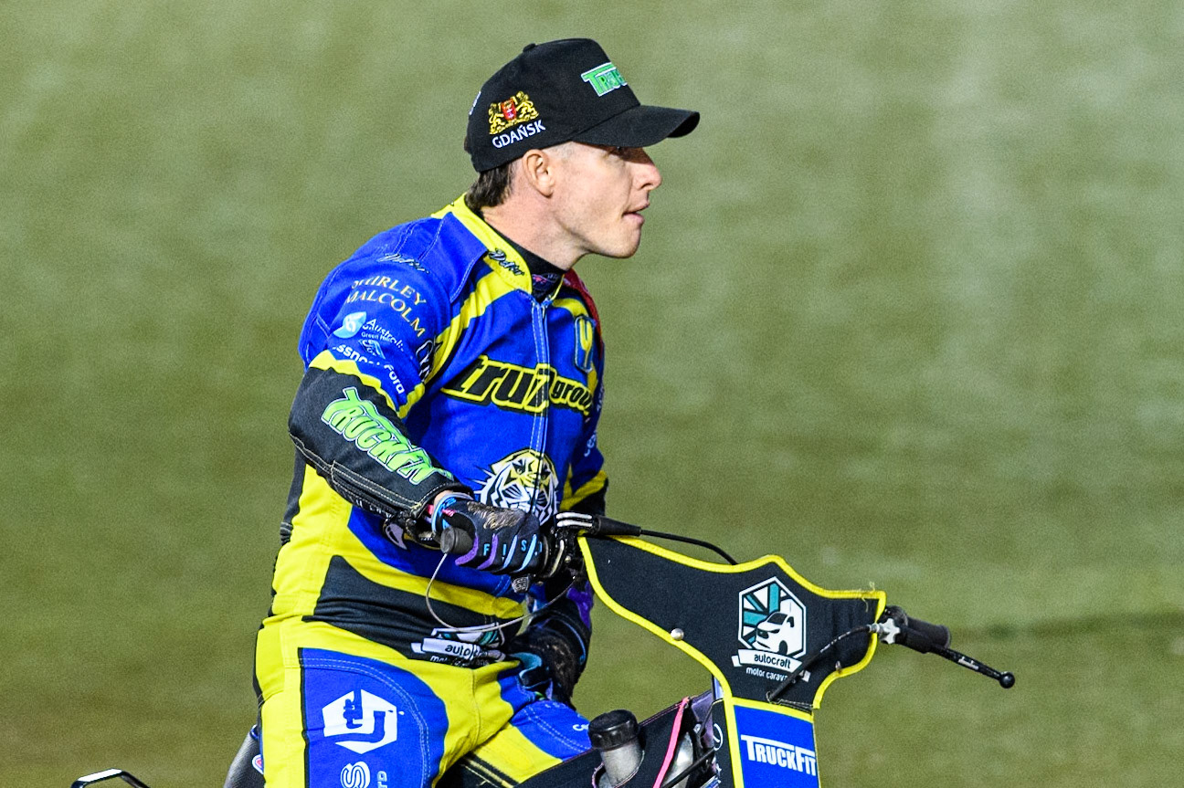 Sheffield Tigers' Josh Pickering on the parade lap during the Rowe Motor Oil Premiership Play Off Semi Final 2, 1st Leg match between Belle Vue Aces and Sheffield Tigers at the National Speedway Stadium, Manchester on Monday 16th September 2024. (Photo: Ian Charles | MI News)