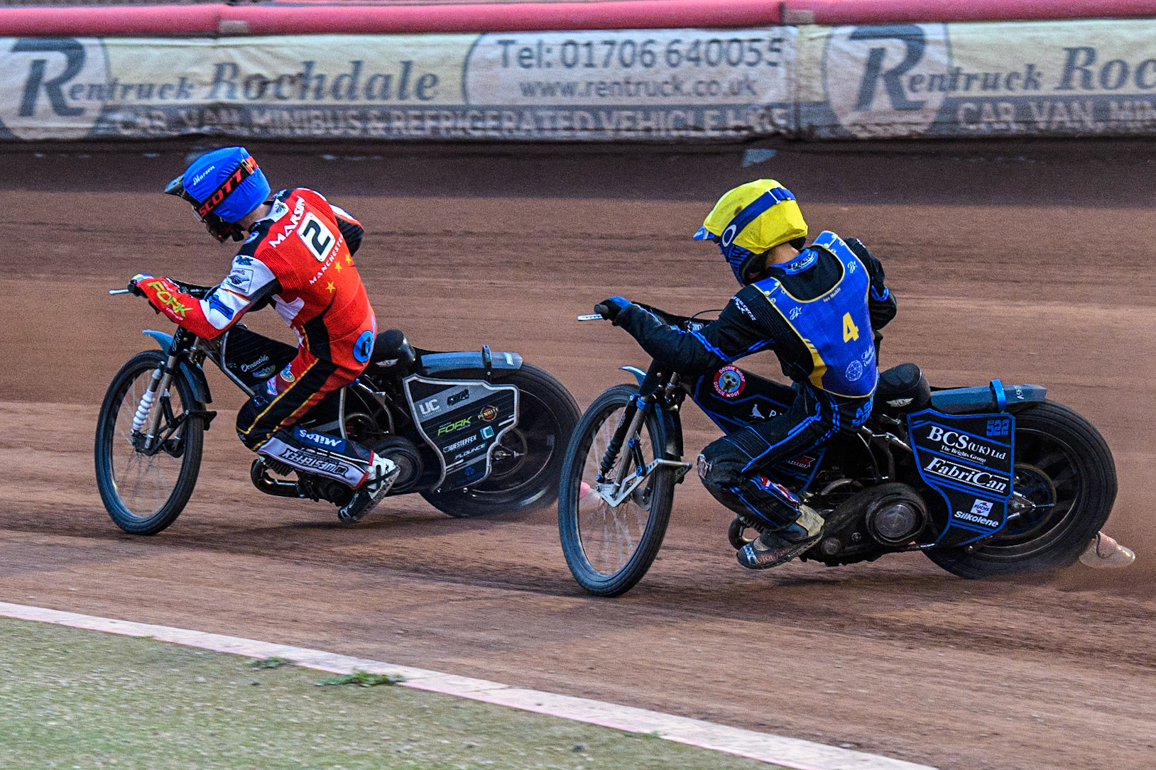 Matt Marson (Blue) leads Ashton Boughen (Yellow) during the National Development League match between Belle Vue Colts and Edinburgh Monarchs Academy at the National Speedway Stadium, Manchester on Friday 21st July 2023. (Photo: Ian Charles | MI News)