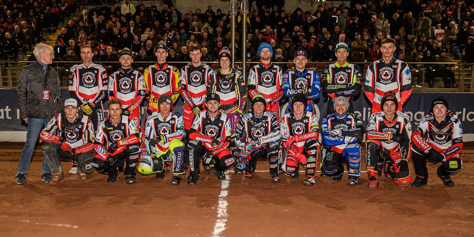 The riders in this years event line up during the Peter Craven Memorial Trophy meeting at the National Speedway Stadium, Manchester on Monday 18th March 2024. (Photo: Ian Charles | MI News)