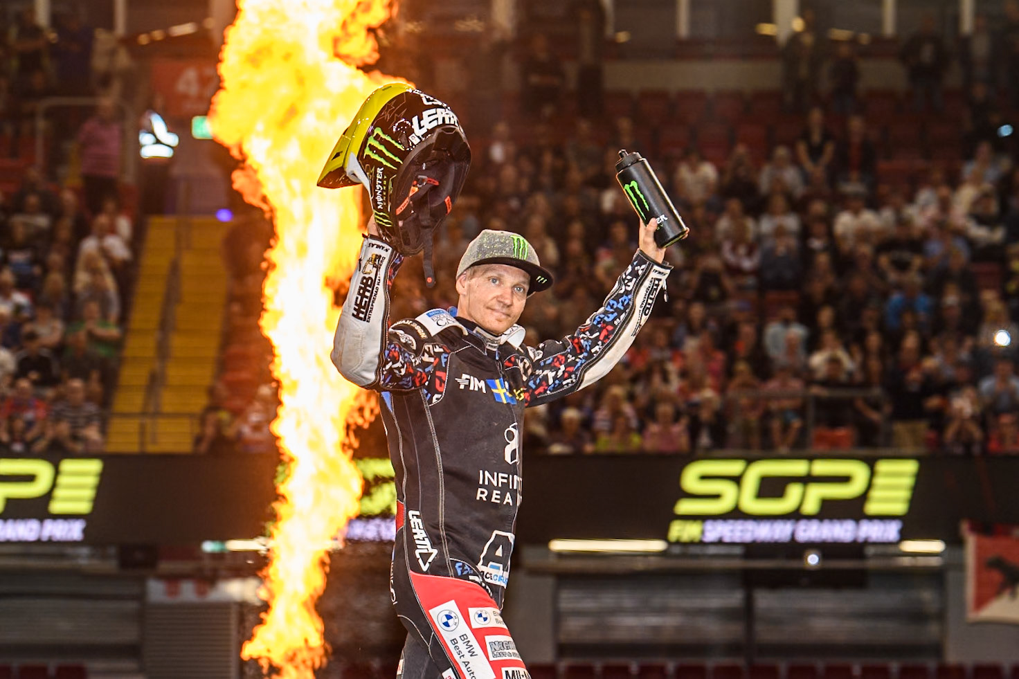 Fredrik Lindgren (66) of Sweden celebrates his 3rd place during the FIM Speedway Grand Prix of Great Britain at The Principality Stadium, Cardiff on Saturday 17th August 2024. (Photo: Ian Charles | MI News)