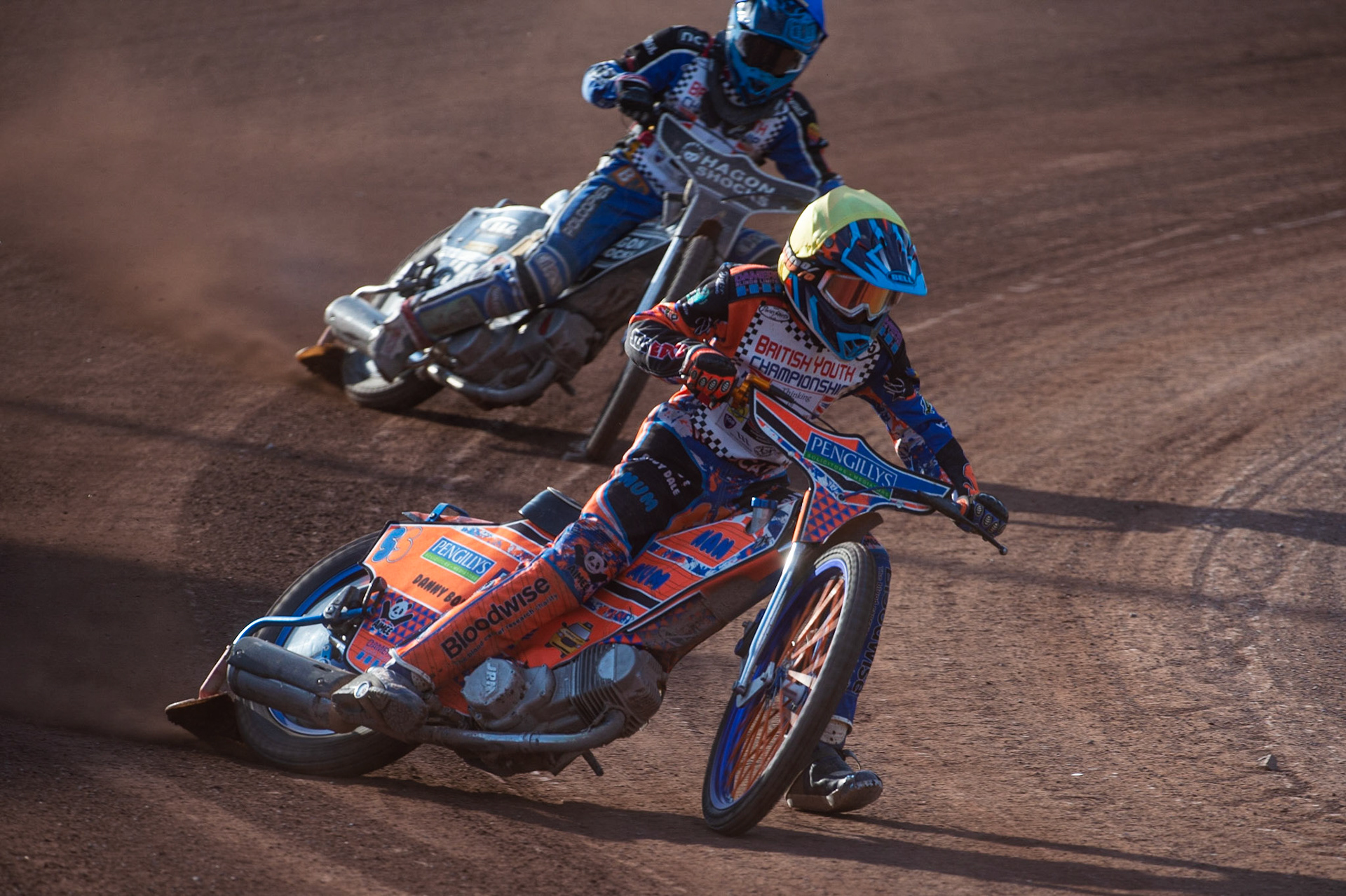 Photo: Ian Charles

Sam Peters (Yellow) leads Eli Meadows (Blue)

Summer Speed Saturday & British Youth Speedway Championship Round 5, National Speedway Stadium, Manchester, Saturday 22 June 2019