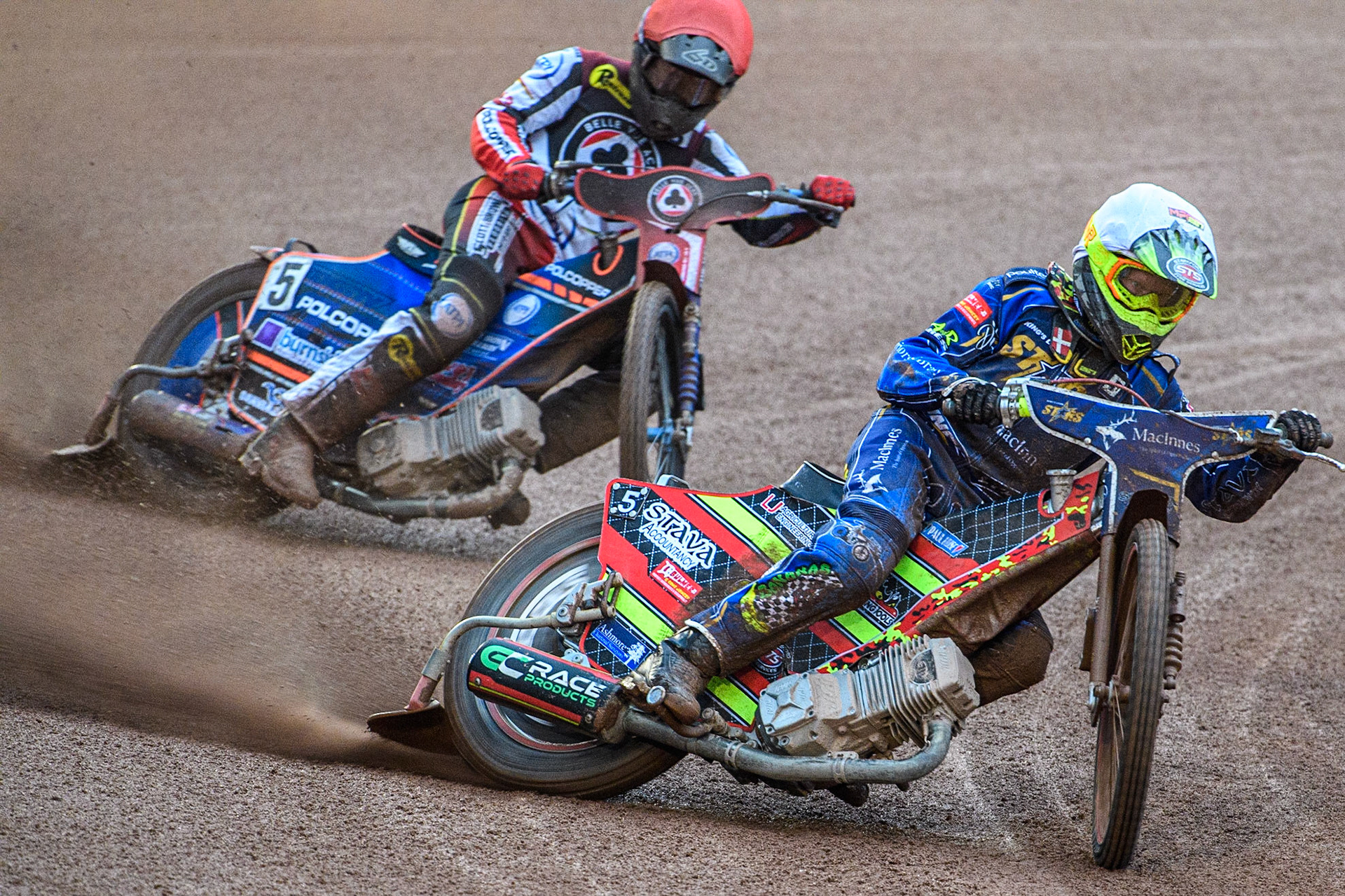 Michael Palm Toft (White) leads Brady Kurtz (Red) during the Sports Insure Premiership match between Belle Vue Aces and King's Lynn Stars at the National Speedway Stadium, Manchester on Monday 12th June 2023. (Photo: Ian Charles | MI News)