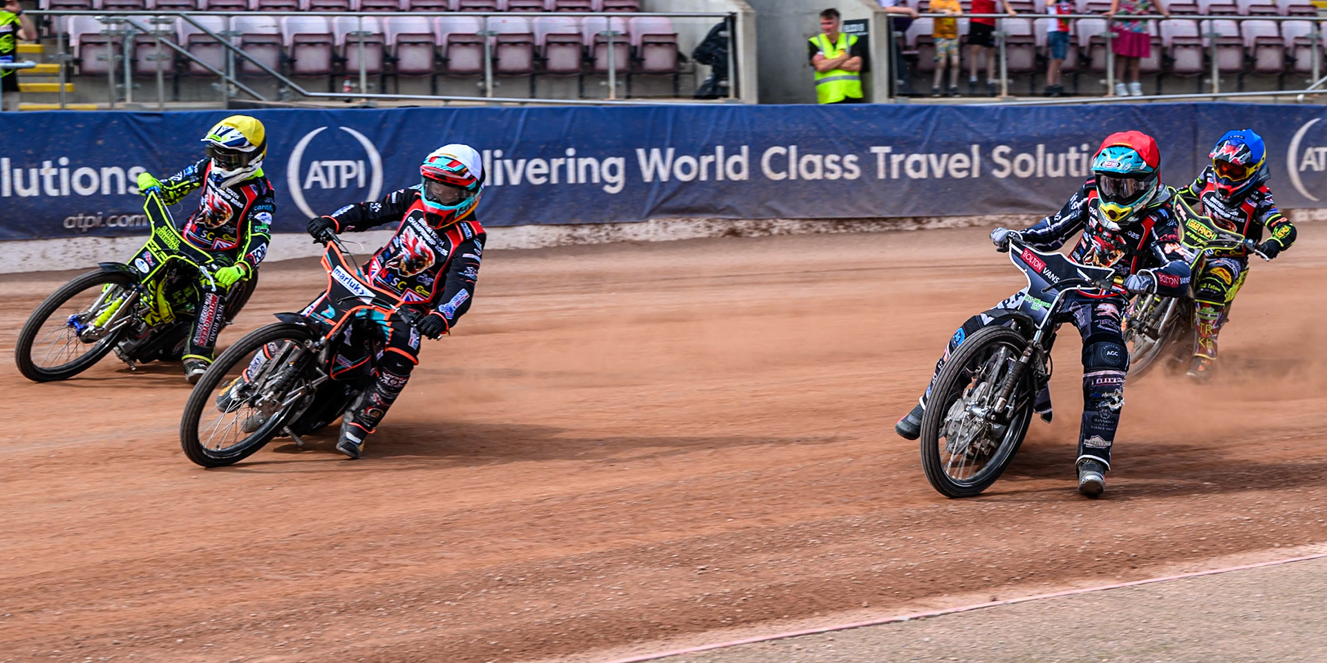 Casper Kluciniak (505) in White rides inside Oli Boverton (15) in Yellow with \during the British Youth Speedway C6\ in Red and Archie Rolph (3) in Blue behind hampionship at the National Speedway Stadium, Manchester on Sunday 10th August 2025. (Photo: Ian Charles | MI News)