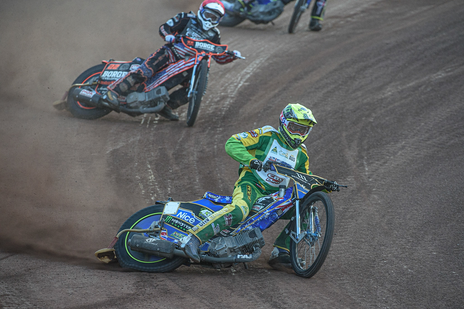 GLASGOW, UK. JUNE 19TH.  Chris Holder (Australia) (Yellow) leads Luke Becker (USA) (Red) during the FIM Speedway Grand Prix Qualifying Round at the Peugeot Ashfield Stadium, Glasgow on Saturday 19th June 2021. (Credit: Ian Charles | MI News)