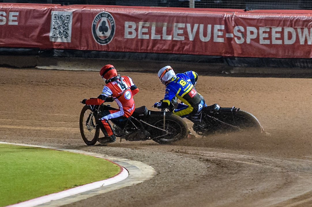Belle Vue Aces' Antti Vuolas  in Red passes Sheffield Tigers' Jason Edwards  in White during the Rowe Motor Oil Premiership Play Off Semi Final 2, 1st Leg match between Belle Vue Aces and Sheffield Tigers at the National Speedway Stadium, Manchester on Monday 16th September 2024. (Photo: Ian Charles | MI News)