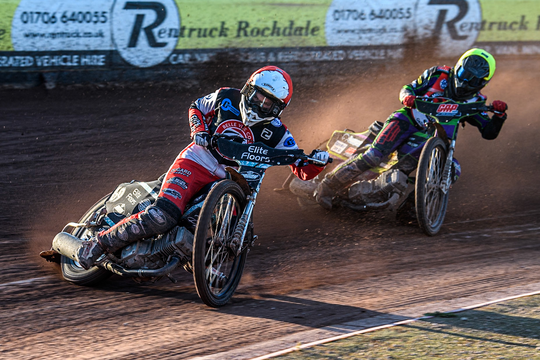 Belle Vue Colts' Chad Wirtzfeld in Red leading Middlesbrough Tigers' Kai Ward in Yellow during the WSRA National Development League match between Belle Vue Colts and Middlesbrough Tigers at the National Speedway Stadium, Manchester on Monday 17th June 2024. (Photo: Ian Charles | MI News)