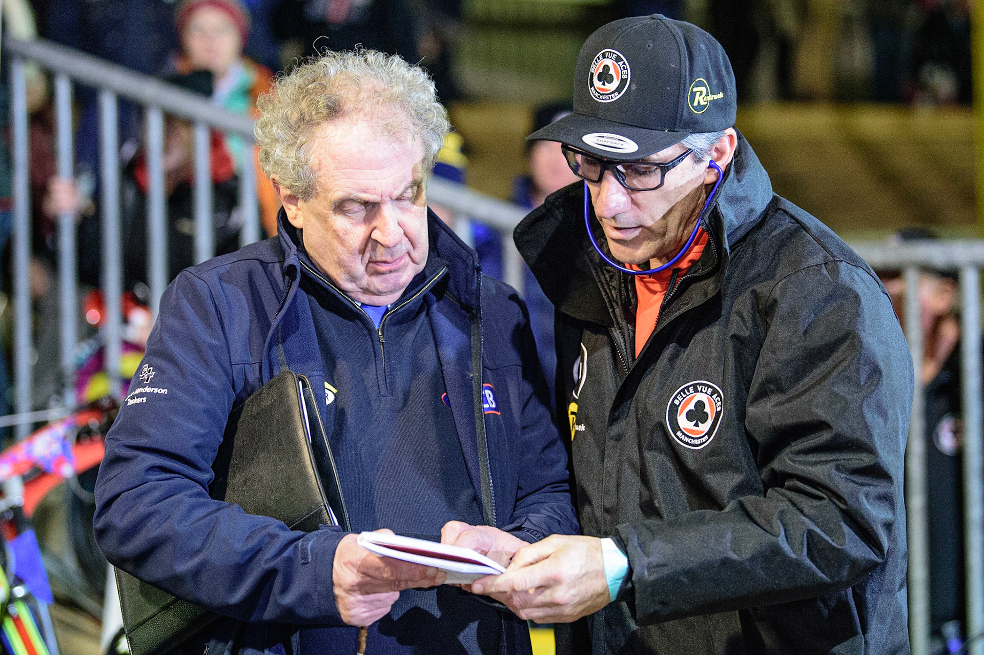 ACU vice Chairman Tony Steele (left)with Belle Vue ATPI Aces  Team Manager Mark Lemon  during the SGB Premiership Grand Final 2nd Leg between Sheffield Tigers and Belle Vue Aces at Owlerton Stadium, Sheffield on Thursday 13th October 2022. (Credit: Ian Charles | MI News)