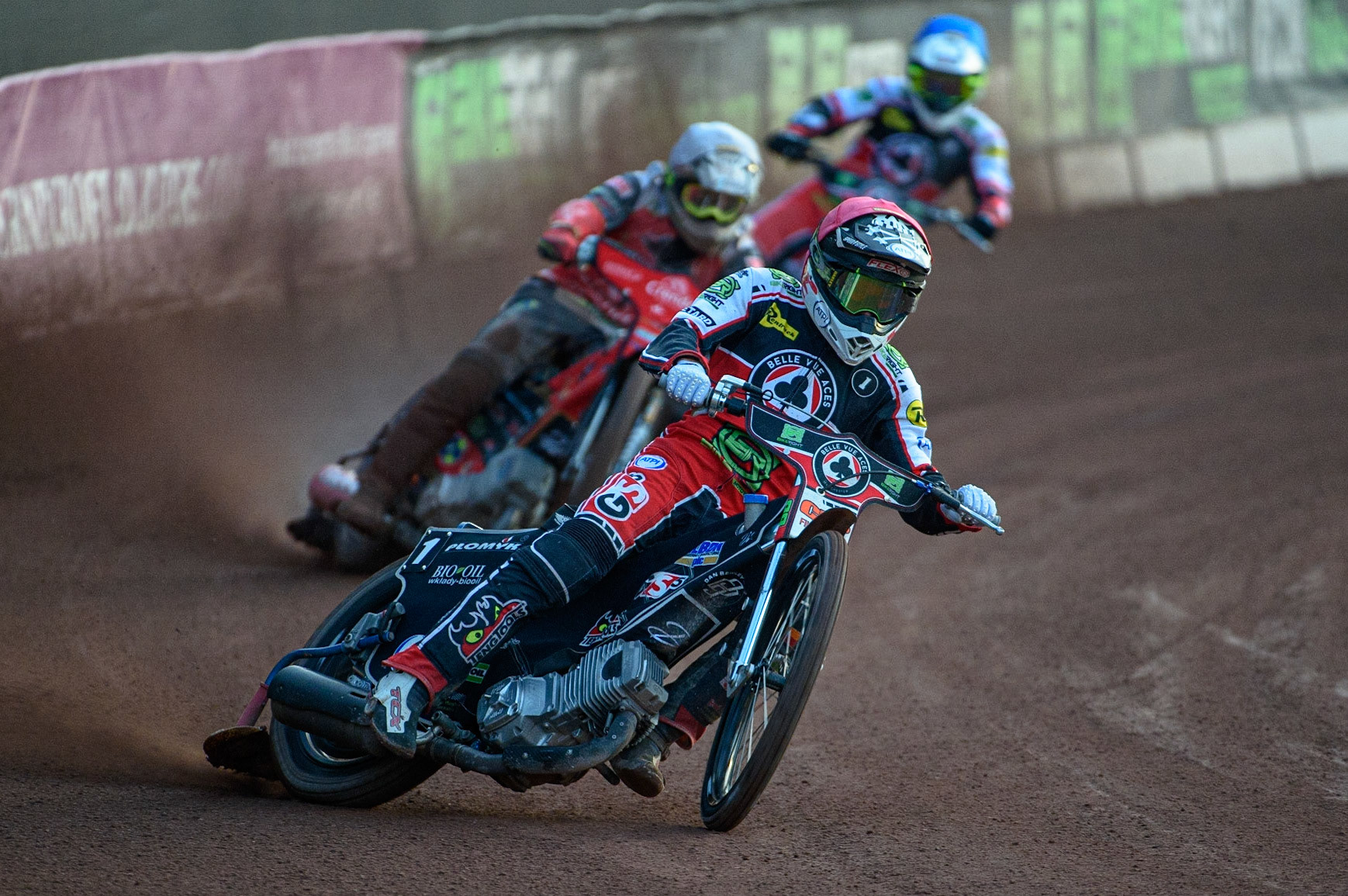 MANCHESTER, UK. AUG 9TH   Dan Bewley  (Red) leads Chris Harris  (White) and Richie Worrall  (Blue) during the SGB Premiership match between Belle Vue Aces and Peterborough at the National Speedway Stadium, Manchester on Monday 9th August 2021. (Credit: Ian Charles | MI News)